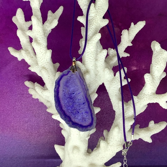 Purple Onyx Druzy Geode Agate Pendant Necklace on Waxed Cotton Cord Handmade - Picture 2 of 16